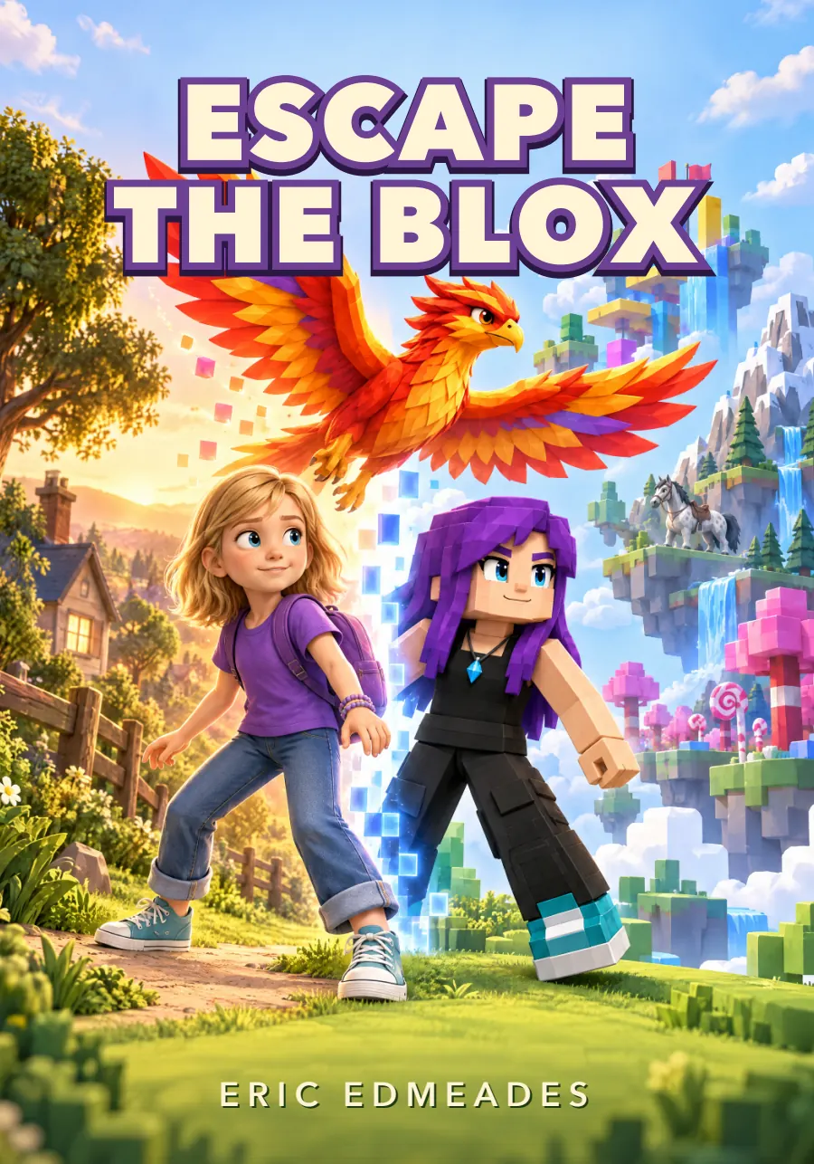 Escape the Blox by Eric Edmeades, book cover showing Chloe and her block-world double
